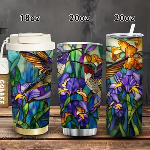 1pc 18oz/20oz Stained Glass Hummingbird Tumbler with Lid and straw, Winter Insulated Travel Mug, Gift for Women Men, Ideal for Valentine's Day, Birthday Gift, Coffee Cup for Office