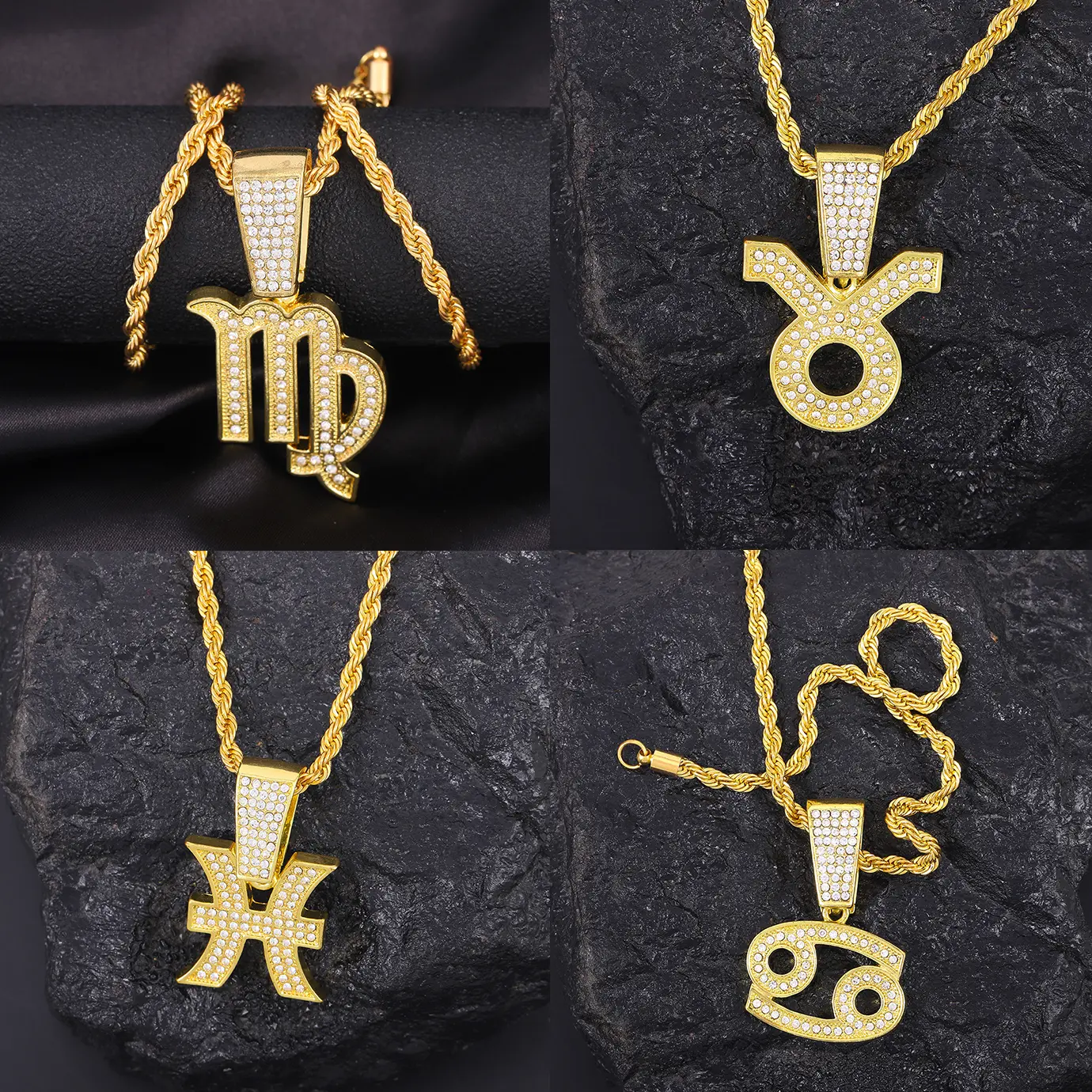 MaxBling81 Men's 12 Zodiac Signs Iced Cubic Zirconia Gold/Silver Plated Pendant Necklace, 4mm Multi-Length 18"-20"-24" Rope Chain, Unisex Daily Wear Men's Jewelry Gift, Shiny Ice Chain with Pendant, Chains With Pendants