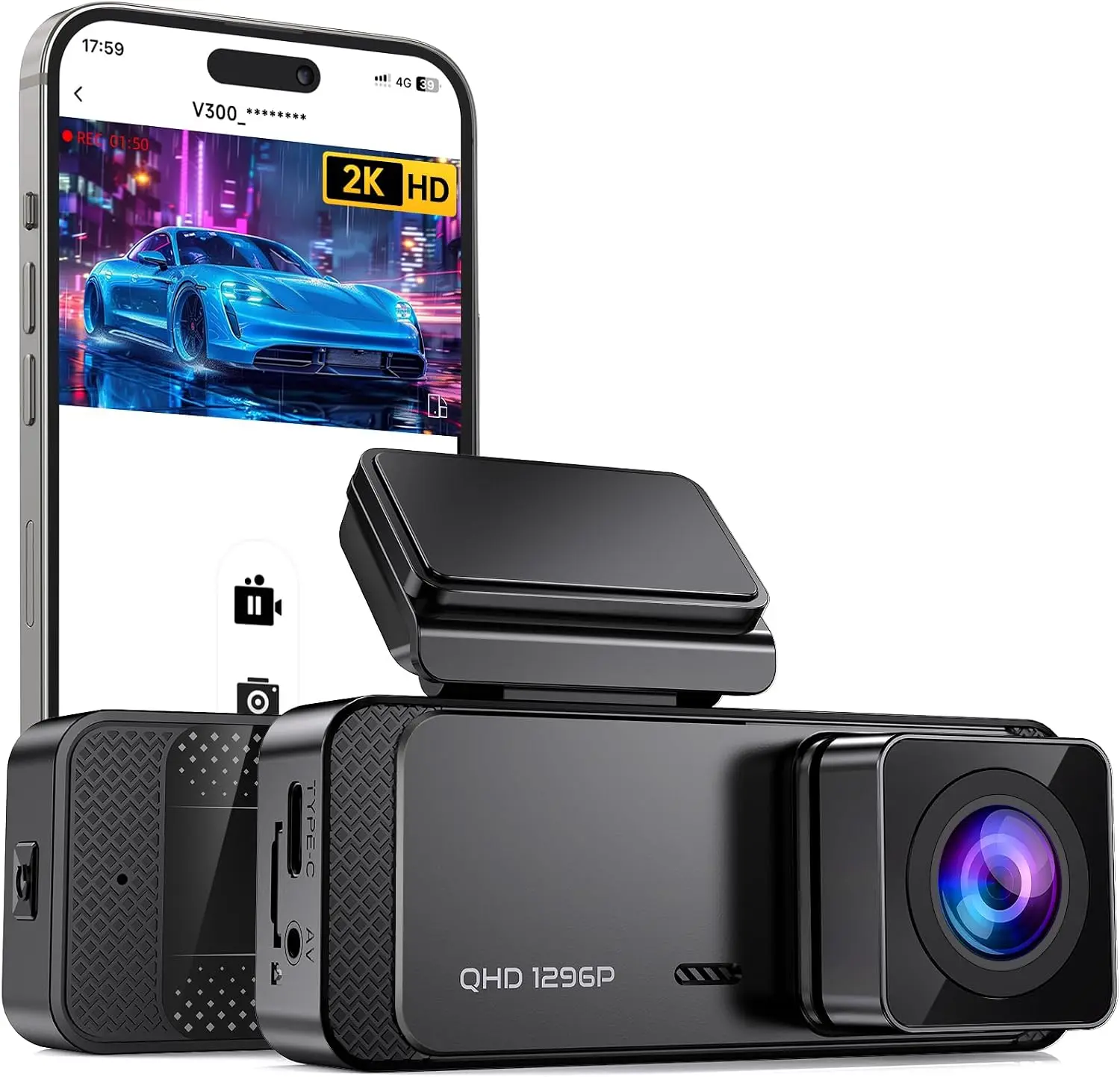 1296P Front Dash Cam WiFi Car Camera with App Control Night Vision Mini Hidden Dashboard Recorder Loop Recording 24H Parking Mode G-Sensor Dashcam Support 256GB Max Supercapacitor Compact Single Car Camera Black