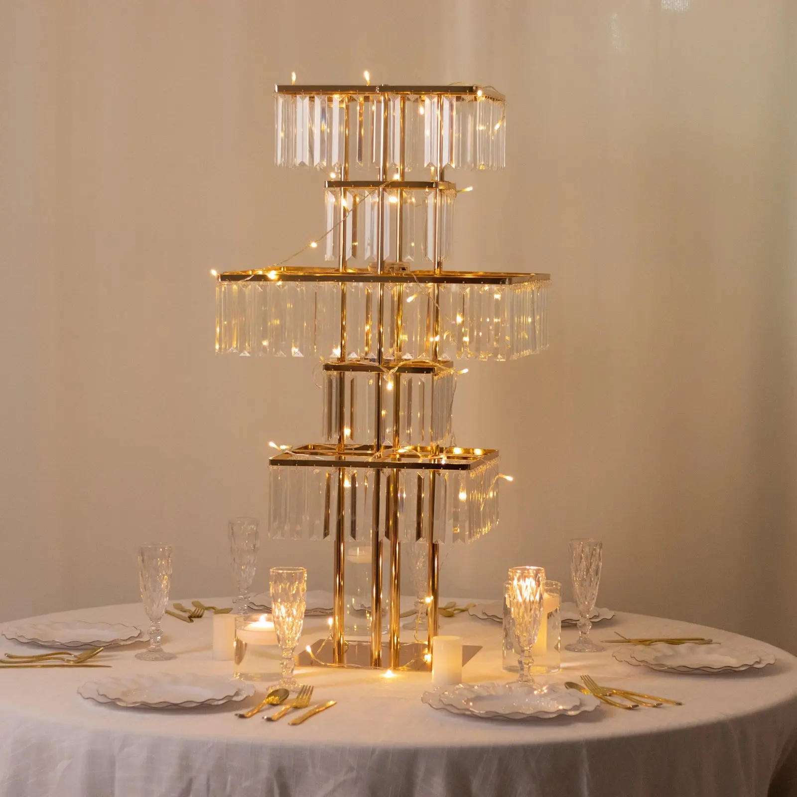 40 In 5-Tier Gold Square Crystal Chandelier Pendant Table Centerpiece, Metal Flower Stand Vase with Hanging Crystals for Anniversary, Engagement, Five Tiers