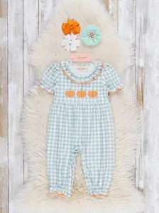 Gingham Pumpkin Spice Embroidered Romper