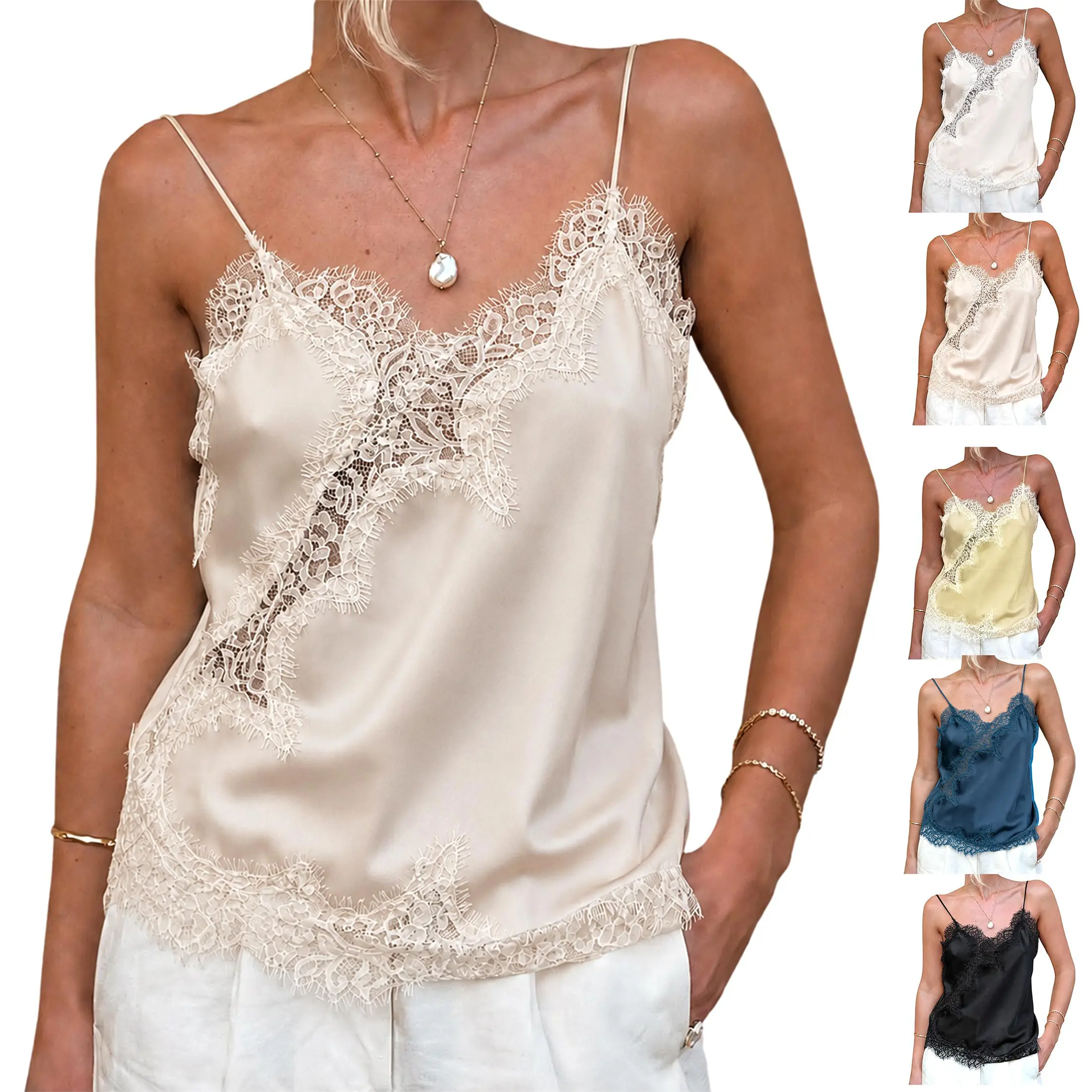 Buenoble Lace Cami Top for Women Satin Spaghetti Strap Tank Top Y2K Coquette Going Out Top Summer Vacation Date Night Shirt