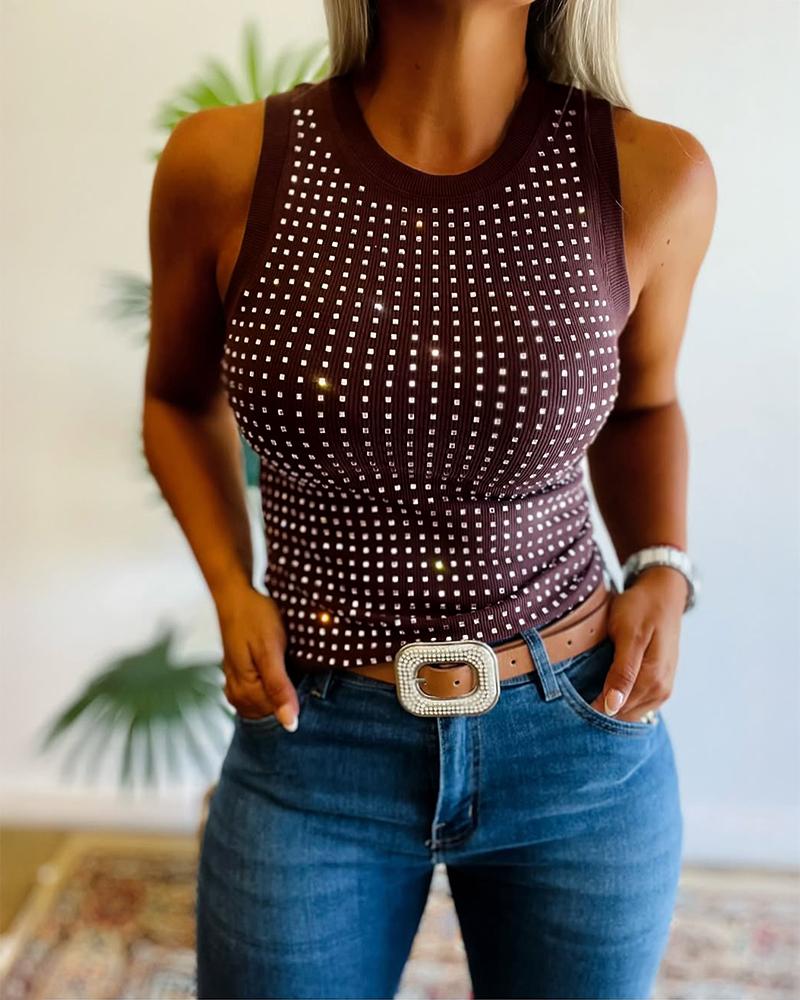 ChicMe Women's Rhinestone Decor Ribbed Tank Top - Slim Fit Sleeveless O-Neck Summer Top 2026 summervibes