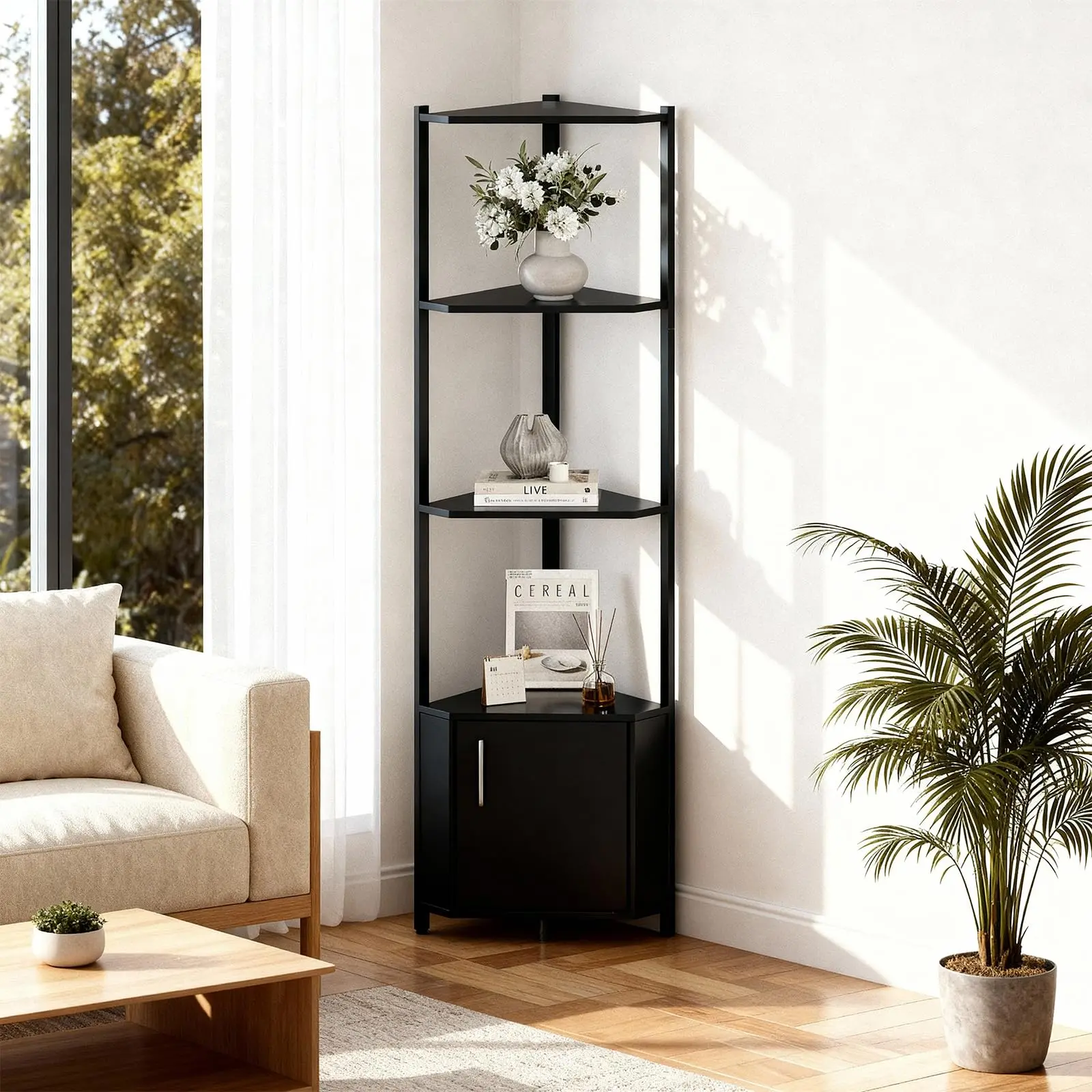 Garvee 5 Tier Corner Shelf Stand, 57” Tall Metal Frame Corner Shelf with Wood Shelves, Standing Shelf Organizer for Living Room, Bedroom, Kitchen, Bathroom | Wall Corner Storage Rack for Home Office, Entrywa