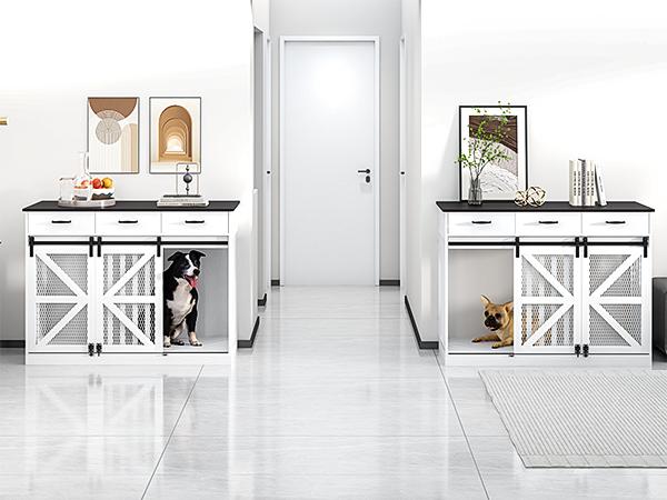 48 Inch Large Dog Crate Furniture with 3 Storage Drawers Wooden Pet Kennel Removable Divider Farmhouse Style Sliding Barn Door TV Stand 48 Inch Large Dog Crate Furniture with 3 Storage Drawers Wooden Pet Kennel Removable Divider Farmhouse Style Sliding Barn Door TV Stand