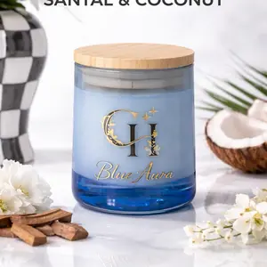 Blue Aura Santal & Coconut Scented Candle with Wooden Lid for Aromatic Home Fragrance