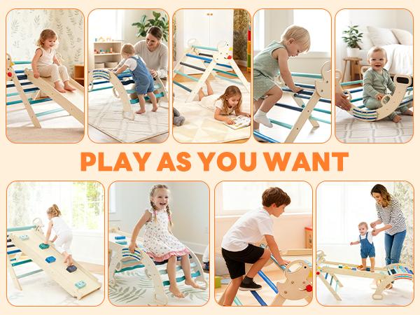 Pikler Triangle Set, Toddler Climbing Toys and Play Structure Indoor, 9-in-1 Wooden Montessori Climbing Set with Arch, Ramp and Ladder, Foldable Baby Jungle Gym, Blue Pikler Triangle Set, Toddler Climbing Toys and Play Structure Indoor, 9-in-1 Wooden Montessori Climbing Set with Arch, Ramp and Ladder, Foldable Baby Jungle Gym, Blue
