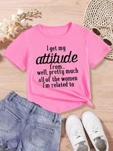 Girls' "I Get My Attitude From All The Women" Graphic T-Shirt - Funny Family Quote Short Sleeve Tee, Casual Pink Cotton Top for Kids