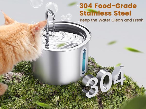 oneisall Cat Water Fountain with 3 Replacement Filters,304 Stainless Steel,  2L/67oz Automatic Water Fountain for Cats , Visual Water Level Window with LED,Gift for Pet