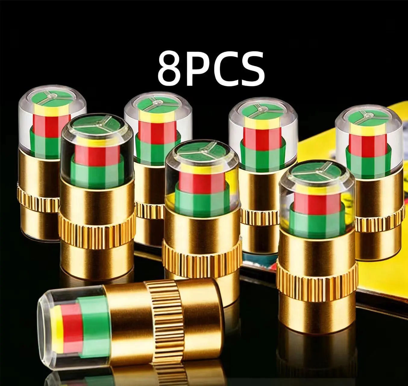 8pcs Golden Tire Pressure Monitor Valve Stem Cover with Tyre Sensor Indicator for Car Motorcycle Bike Easy Installation Durable Plastic