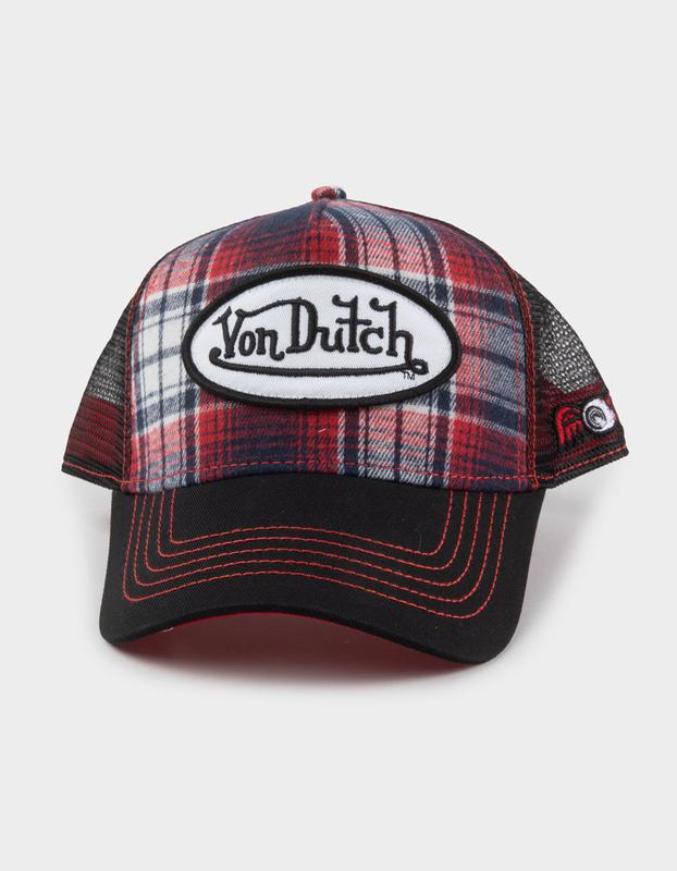 VON DUTCH Plaid Trucker Hat, Red  &  Black