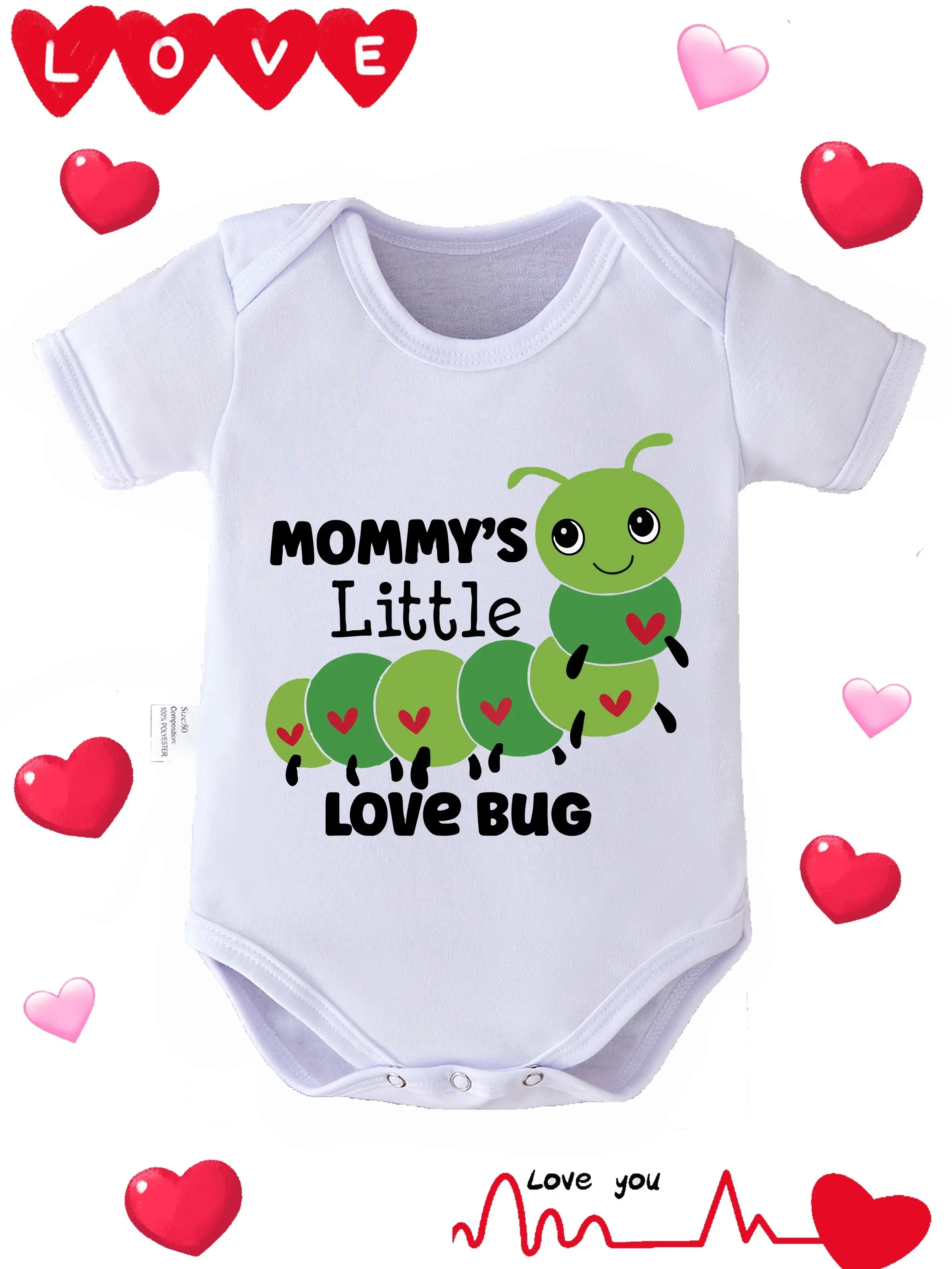 Unisex Baby Bodysuit, "Mommy's Little Love Bug" Caterpillar Print Onesie, Short Sleeve Soft Polyester Romper for Newborns, Valentine's Day Gift, Onesie Shape Unisex Bodysuits & One-Pieces