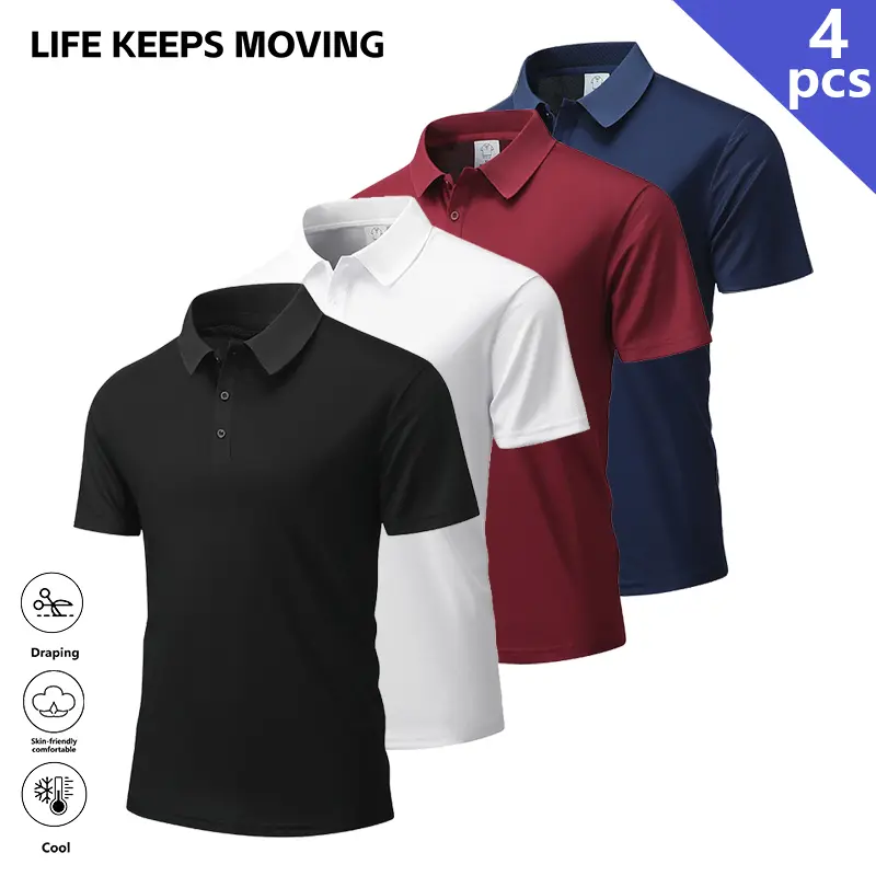 LIFE KEEPS MOVING Men’s Moisture-Wicking Quick-Dry Short-Sleeve Polo Shirt, Pack of 4; Classic Stretch Soft Shirt for Men; Lightweight Gym Training Wear; Comfortable Everyday Casual Wear; Ideal Gift for Father’s Day/Husband’s Day Athletic Sports Clothing