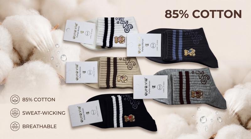 Auravia Women's Cute Teddy Bear Cotton Quarter Ankle Socks 5 Pairs Striped Patterns Breathable Sweat-Wicking Preppy Style Everyday Wear Soft Comfortable Stylish Casual Womenswear