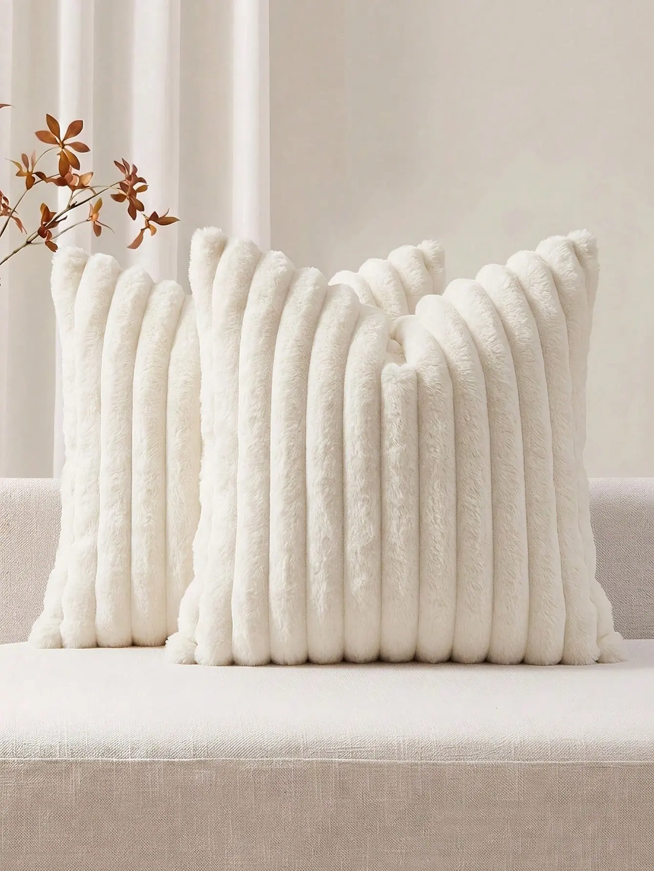 LOVEIU Soft Faux Fur Striped Pillow Cover, Caramel Plush Cushion for Bedroom, Dorm Home Accent