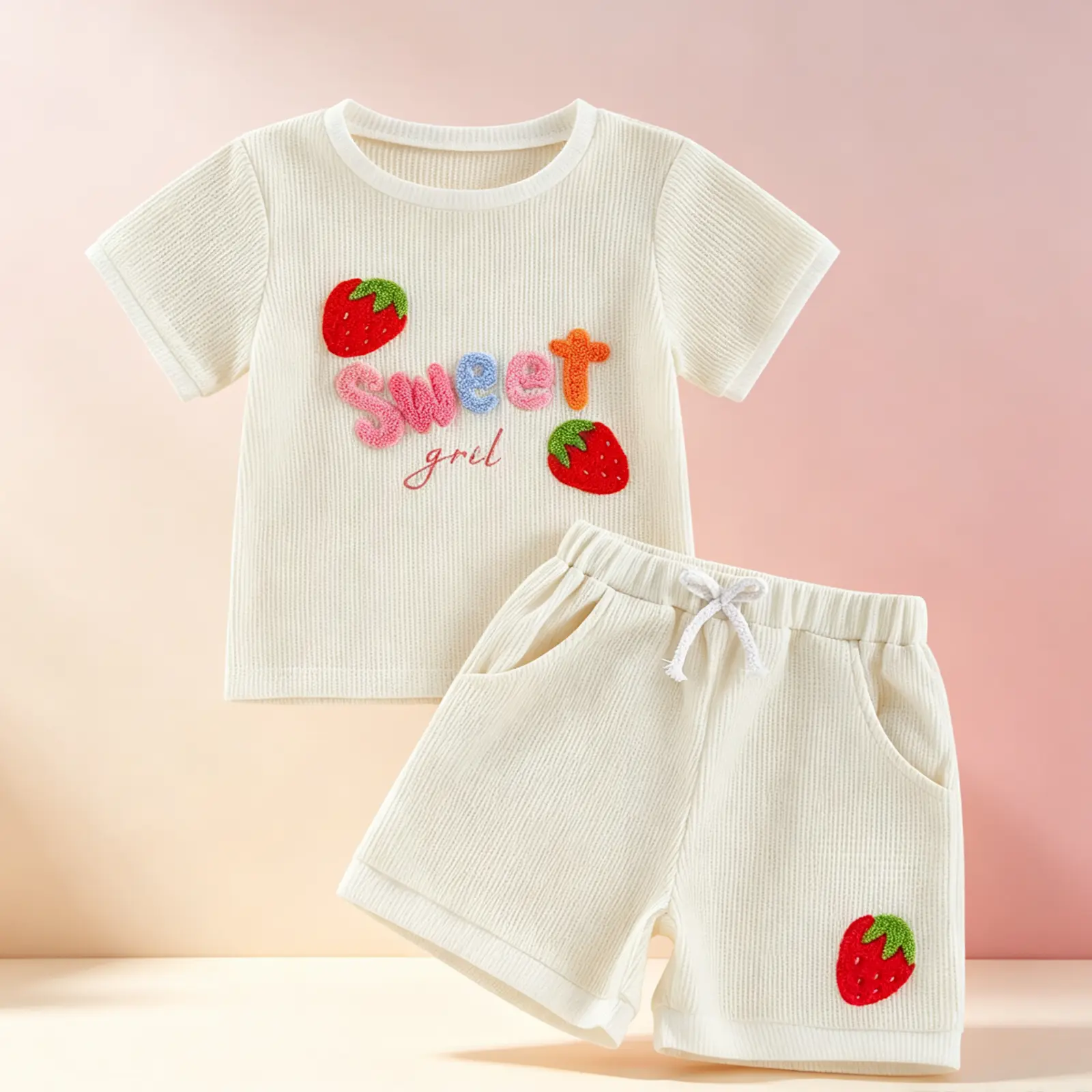 Toddler Baby Girls' Casual 2-Piece Summer Clothes Set, Round Neck Short Sleeve Top with Fruit Pattern Strawberry Embroidery & Shorts