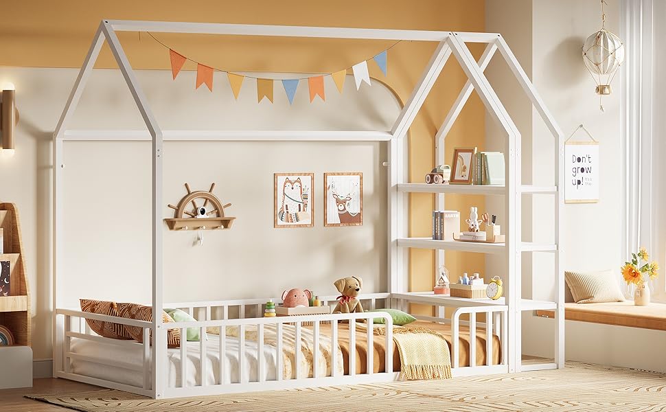 LIKIMIO Twin Bed Frame with Storage, Floor Metal House Bed with Fence Guardrails, No Box Spring Needed, Space Saving for Bedroom and Dorm, Easy Assembly