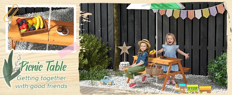 Qaba Kids Picnic Table, Wooden Outdoor Table & Bench Set with Removable Umbrella, Children Sand and Water Activity Table for Patio, Backyard, Gift for Boys Girls, Mixed Color