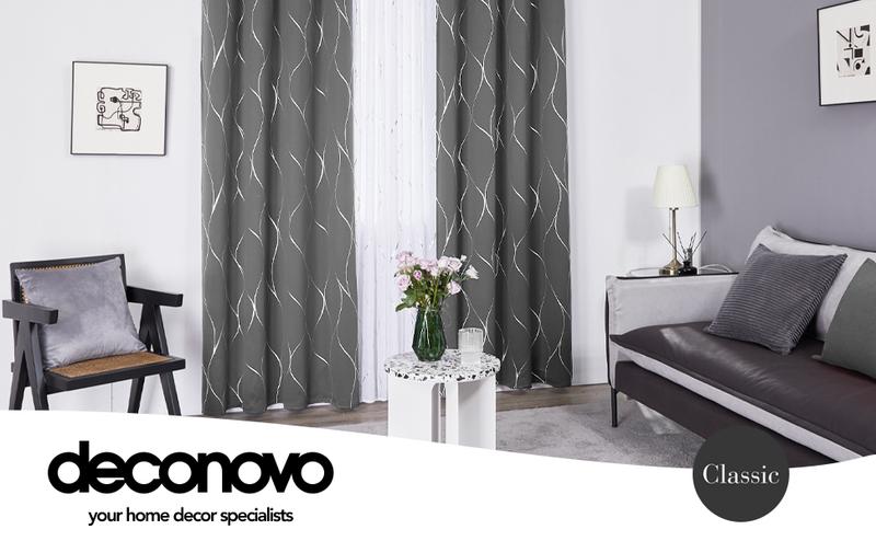 Deconovo Silver Wave Foil Print Blackout Curtains, Grommet Light Blocking Room Darkening Drapes, Thermal Window Curtains for Bedroom Living Room