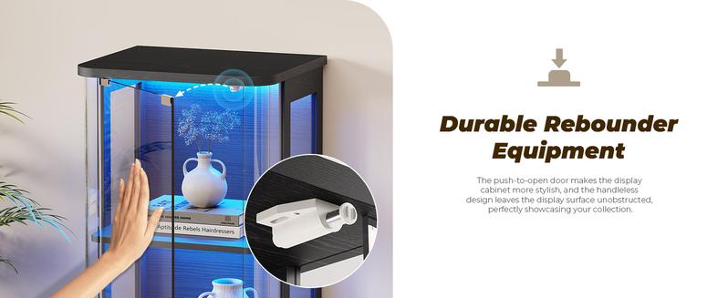 BROTTAR Rounded Display Cabinet with Glass Door, 4-Tier Curio Cabinet with 3 Color Lights for Collectibles, Glass Display Case with Transparent Full-Display Surface, Human Body Sensor, Black BROTTAR Rounded Display Cabinet with Glass Door, 4-Tier Curio Cabinet with 3 Color Lights for Collectibles, Glass Display Case with Transparent Full-Display Surface, Human Body Sensor, Black