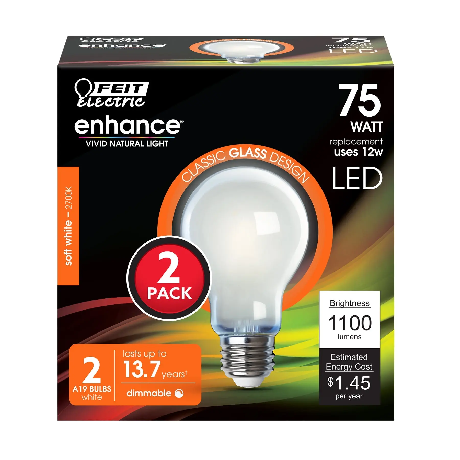Feit Electric 75 Watt Replacement Soft White 2700K A19 Dimmable Frosted Glass LED Light Bulb 2 Pack