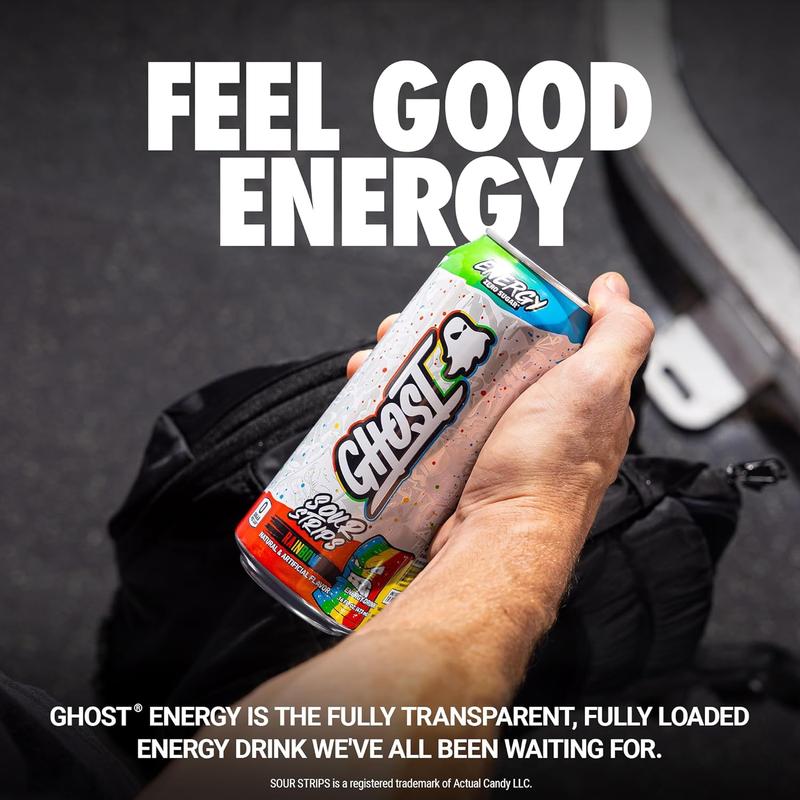 GHOST Energy Drink - 12-Pack, Sour Strips Rainbow, 16oz Cans - Energy & Focus & No Artificial Colors - 200mg of Natural Caffeine, L-Carnitine & Taurine - Gluten-Free & Vegan