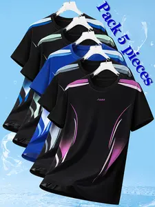 Pack of 5 – Men’s casual athletic T-shirts made from quick-dry fabric for summer; stretchy, breathable printed short-sleeve tops suitable for gym training, running, outdoor activities, and casual wear; ideal as gifts; sportswear; outdoor sports apparel; c