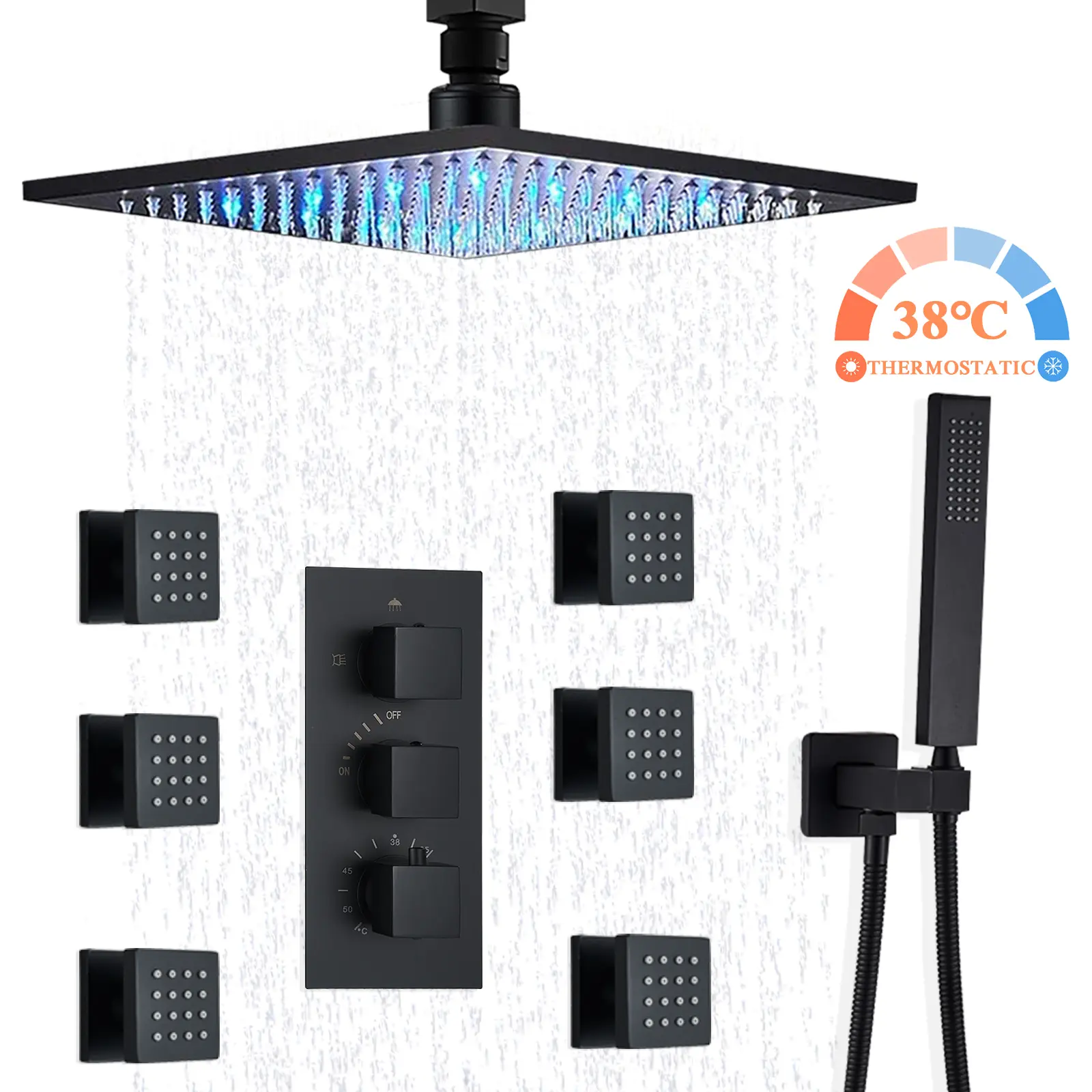 Thermostatic Rain Shower System, Ceiling Mounted LED Shower Head Combo and Handheld Spray,Shower Faucet Set with 6 Body Spray Jets and Valve, Matte Black Rough-in Valve Body and Trim