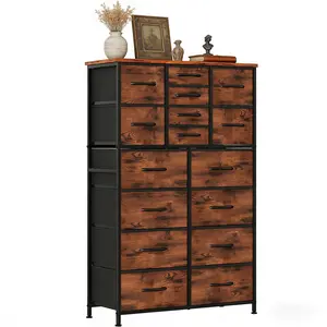 16 Drawer Fabric Storage Dresser, Tall Chest with Easy Pull Handles Wood Top for Closet Bedroom Hallway Organizer