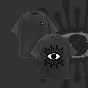 Couple Matching Vintage Washed Printed T Shirt Eye Pattern Black Drip Design Round Neck Short Sleeve Loose Fit Straight Hem Graphic Tee
