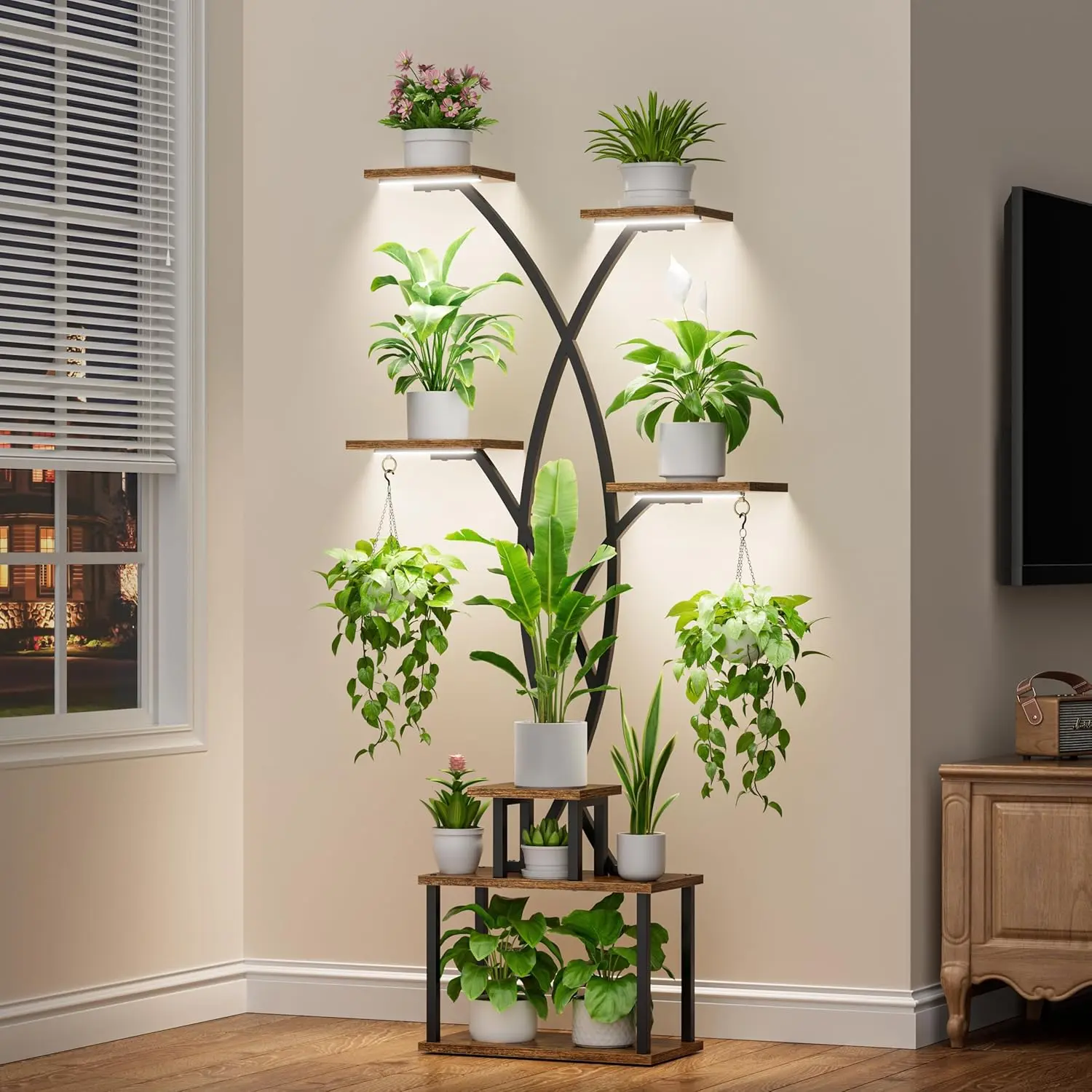 POZILAN Plant Stand Indoor with Grow Lights,Metal Plant Flower Display Shelves, Tree-Shaped Plant Rack for Home, Patio, Black,dorm room inspo,college dorm essentials,dorm haul