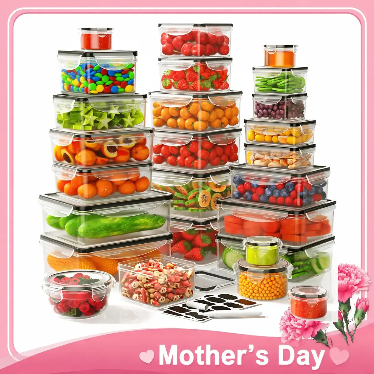 Mother's Day Gift | Airtight Food Storage Container Set with Easy Snap Lock Lids | BPA-Free Plastic Containers to Keep Food Fresh & Organized | Ideal for Picnic, Camping, Office, School, Kitchen & Pantry Storage | Includes Marker Pens & Labels