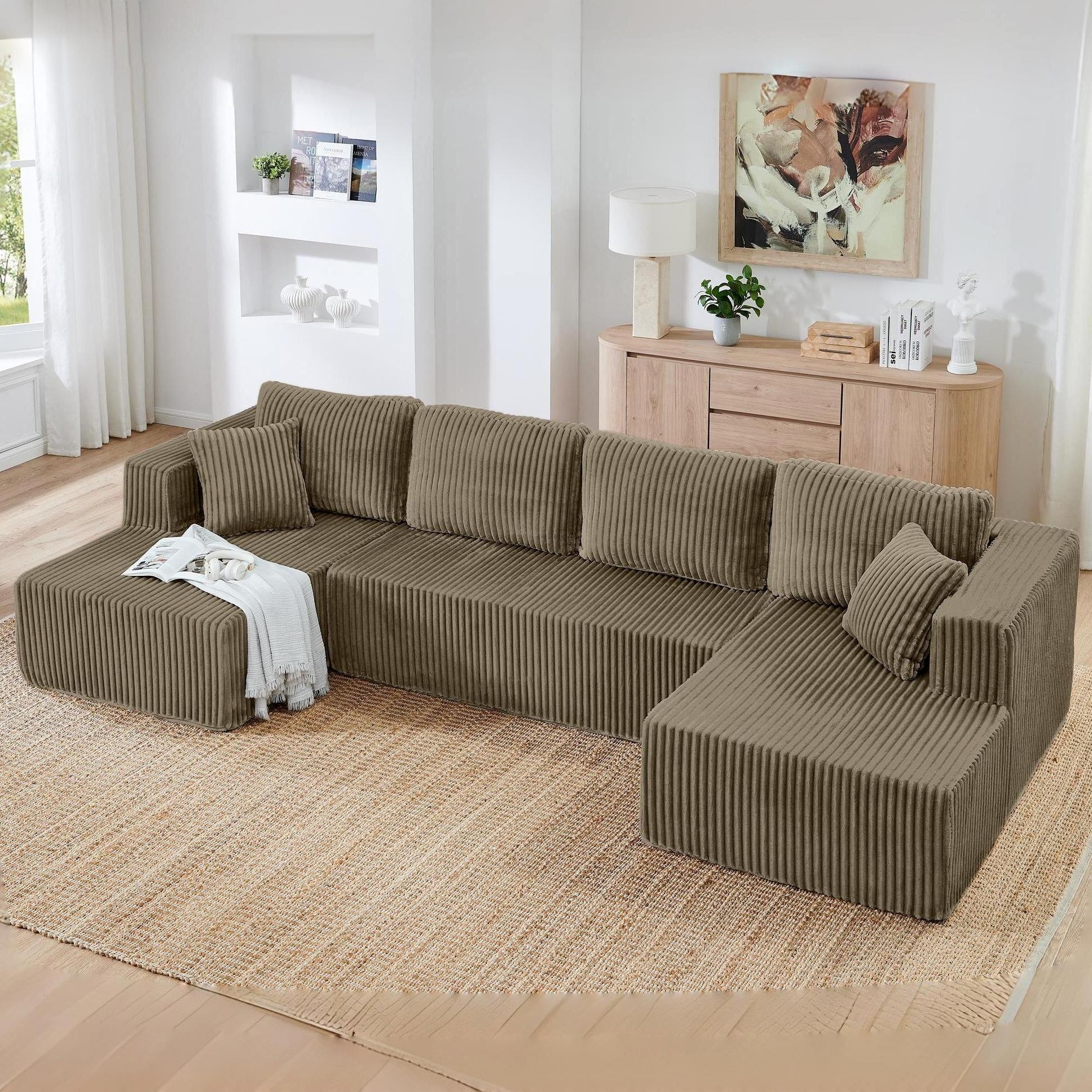 [October Hot Seller] [3 Packs Shipped] Niccae 132-inch U-Shaped Corduroy Sofa - Modern, perfect for the living room, comfortable, no assembly required, same popular Ovids sectional sofa with no bones