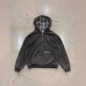 Street hooded sweater jacket autumn loose plaid splicing casual personality cardigan double-sided sweater