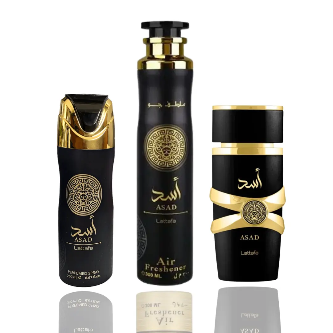 Lattafa Asad Men's Fragrance Gift Set - 100ml EDP Perfume, 200ml Deodorant, 300ml Woody Aroma Air Freshener - Bold, Long-Lasting Scent Collection, Man Gift Set, Woody Amber Scent