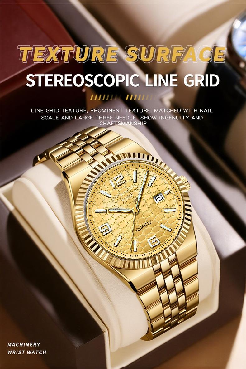 Men's Business Fashion Simulated Quartz Wristwatch with Diamond Accents Three-Dimensional Linear Grid Texture Luminous Display Date Function Water-Resistant Elegant Gift Box