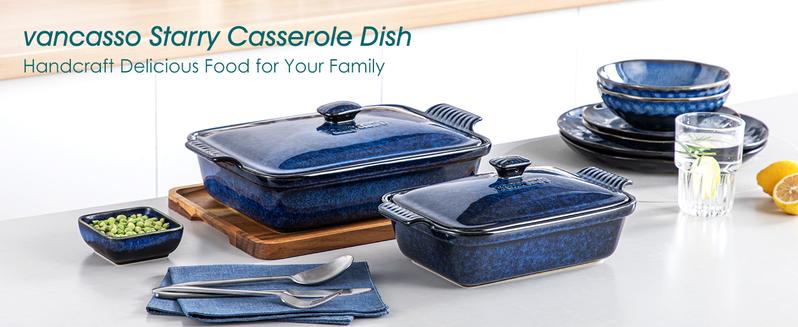 vancasso Starry 1.9/3.8 Quart Casserole Dish, Large Lasagna pan with lid, Stoneware Casserole with lid, Microwave Safe, Blue Heat Resistant Bakeware Oven
