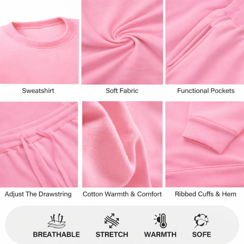 Women's Pink Letter Print Crewneck Sweatshirt and Drawstring Track Pants Set, Casual Sportswear, Long-Sleeve Round Neck Top and Pants, Suitable for Spring, Autumn and Winter, Everyday Wear