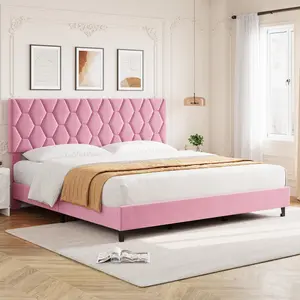 Pink King Bed Frame with Upholstered Headboard, Heavy-Duty Platform Bed Frame with Strong Wood Slats, No Box Spring Needed/Noise Free/Easy Assembly