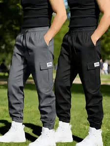 Men’s Casual Cargo Pants, 2-Pack for Spring/Autumn – Multi-Pocket Design, Elastic Waist with Drawstring + Jogger Cuffs, Suitable for Daily Wear, Outdoor Hiking, and Team-Building Activities
