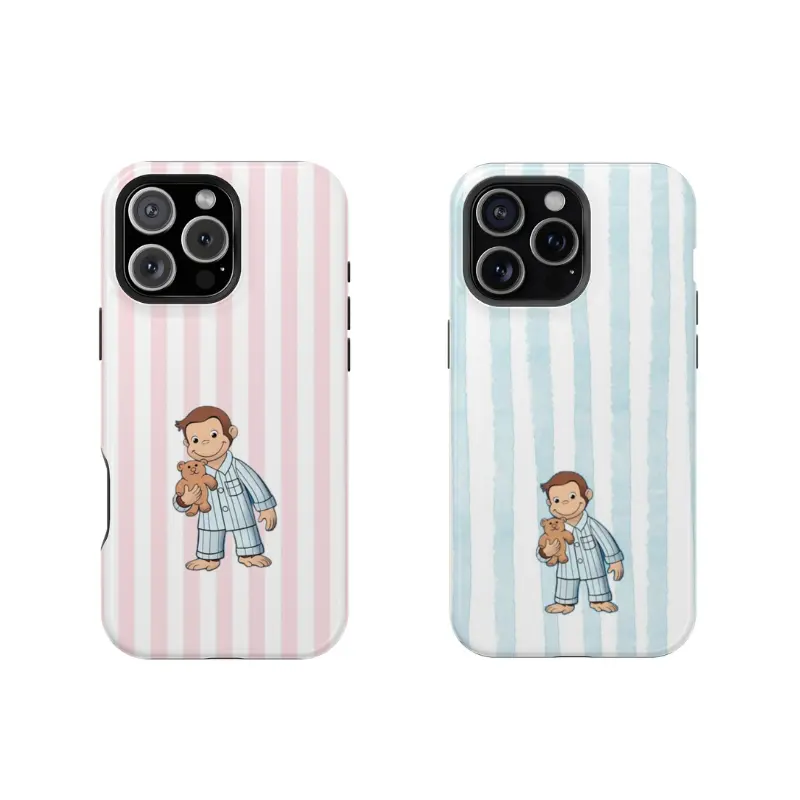 Couple Style Striped Curious George Cartoon Phone Case - Cute Monkey & Teddy Bear, Pastel Striped Smartphone Shell, Handheld Cellphone Protective Accessory for iPhone 12-16, SE, Max, Pro, Samsung Galaxy S21-S26 Ultra