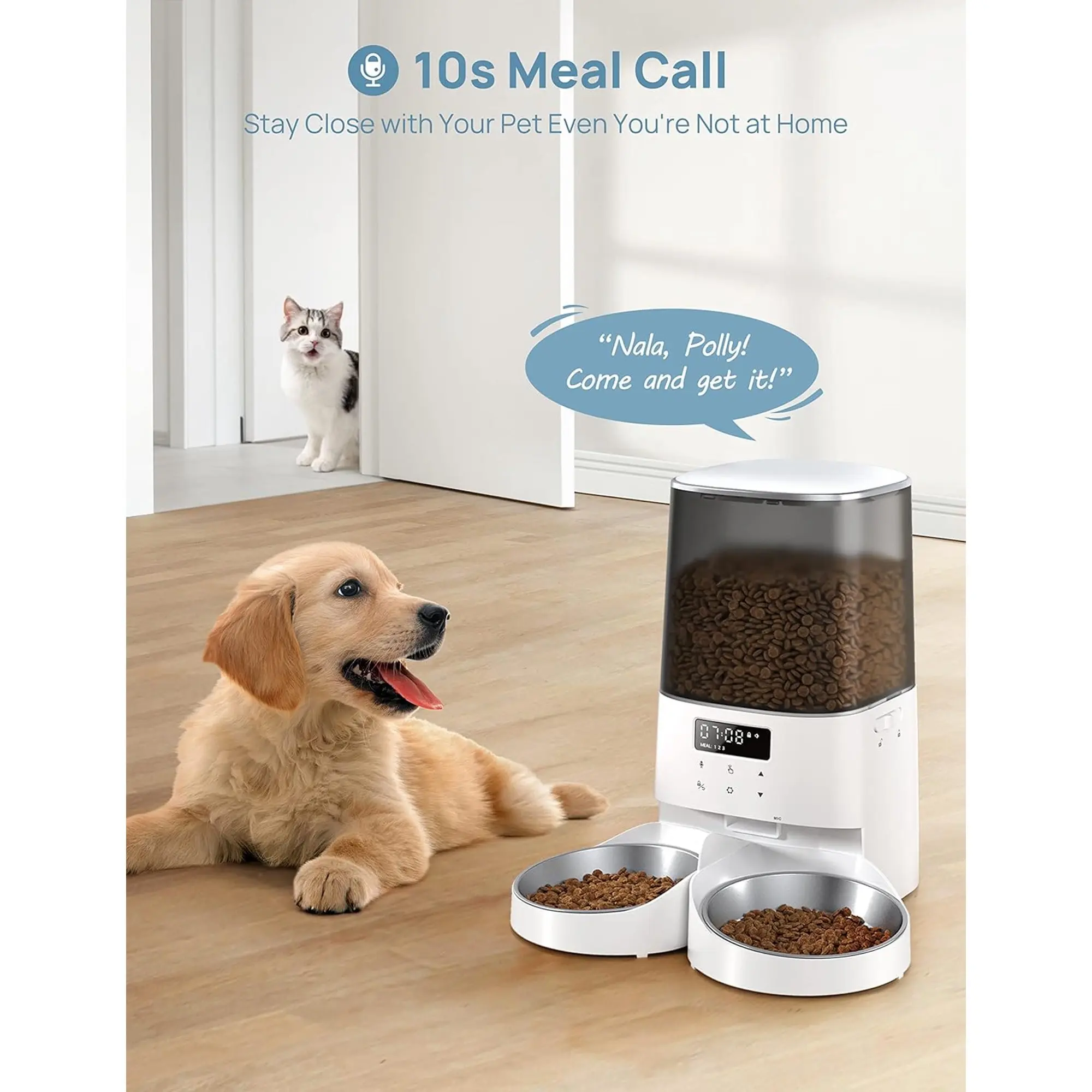 Automatic Dog & Cat Double Bowl Timed Feeder (Metal+Polyethylene), 5L/21 Cups Capacity, 48 Portions, 6 Meals/Day, Memory Function, 10s Meal Calls, Anti-Clog Design, Long-Lasting Feeding, Customized Healthy Diet Support for Small Pets, Power Supply, Voice,