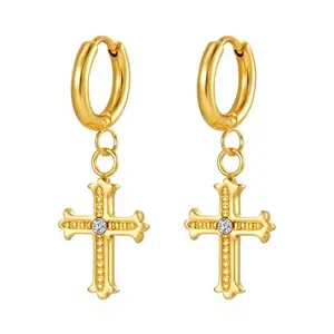 CZ Crystal Cross Dangling Huggie Hoop Earrings - Pair - 304 Stainless Steel