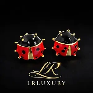 37 14K Laminated Gold Lucky Ladybug Enamel Stud Earrings