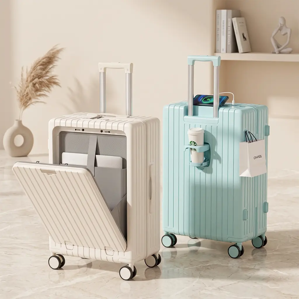 LING RONG Front-Opening ABS+PC Shell Carry On Luggage Sets, TSA Approved Hard Shell Suitcases with Ribbed Texture, Cup Holder, USB Charge Port, 360° Spinner Wheels, Tsa Approved Carry On Luggage, Travel Bag, Handy Carry Luggage, Modern