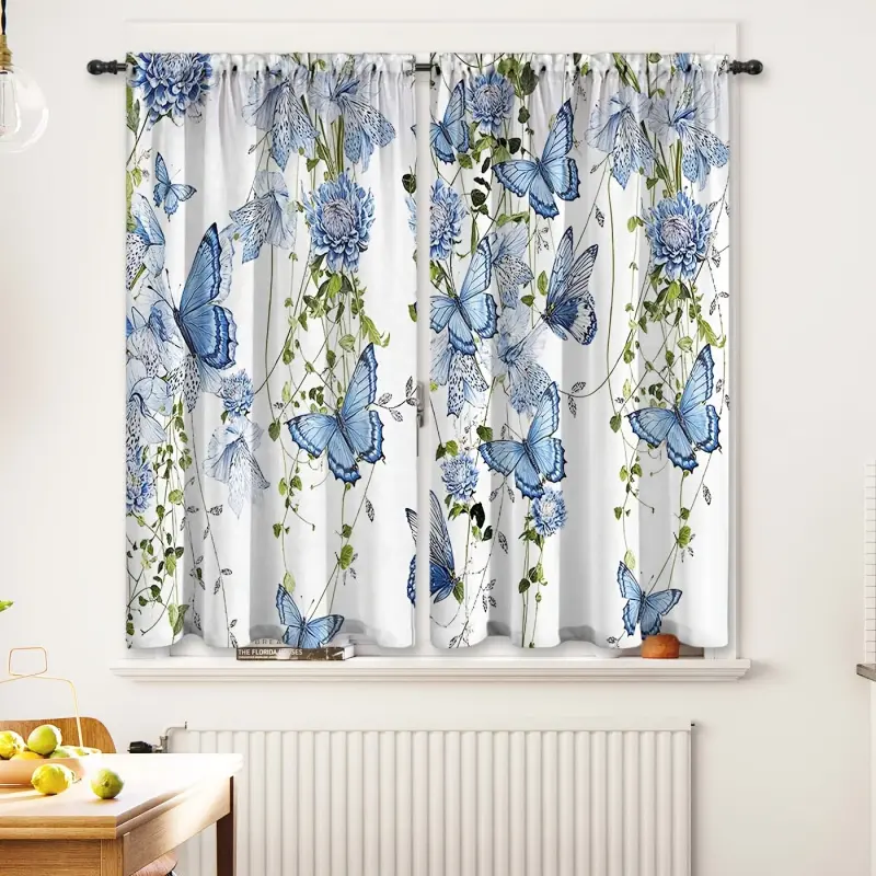 Floral Butterfly Kitchen Curtains Rod Pocket Blue Flower Spring Summer Leaves Small Short Cafe Curtain Girls Wildflower Vines Lavender Window Treatment Drapes Foldable Colorful Room Divider
