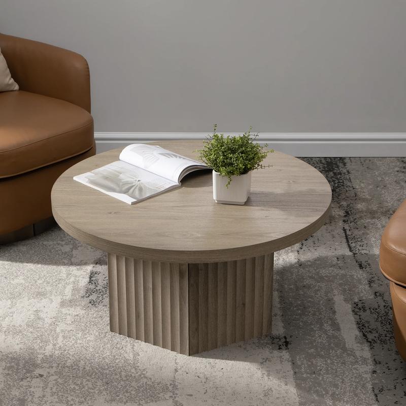 SICOTAS Round Coffee Table for Living Room, Modern Fluted Circle Center Coffee Table with Storage, 32" Accent Tea Dining Table for Apartment, Grey Alder