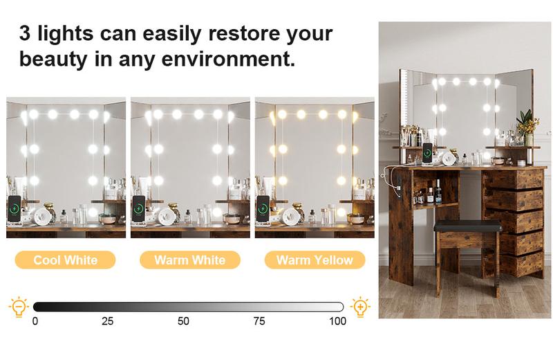 【Restock Sale】GARVEE Makeup Vanity Desk with Adjustable Lights, Power Outlet, and 5 Rotating Drawers - Stylish Corner Dressing Table with Shelves and Stool for Women and Girls, Perfect for Makeup and Beauty Routine.