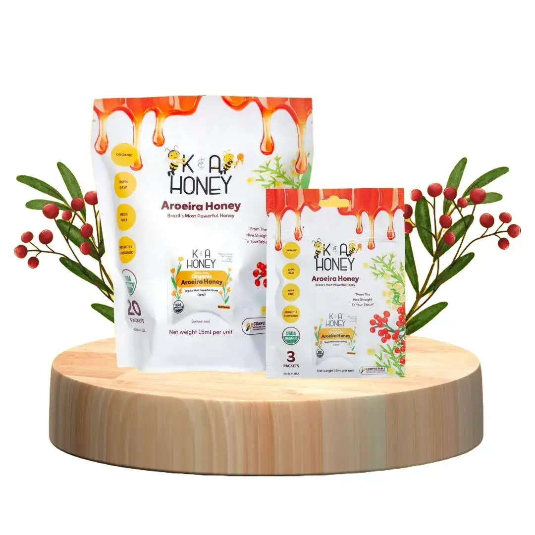 K&A Honey Packets Single Serve – 100% Pure Raw Organic Brazilian Aroeira Honey To Go for Kids, Runners & Daily Energy | Mess-Free Individual Honey Packs (3 & 20 Count)