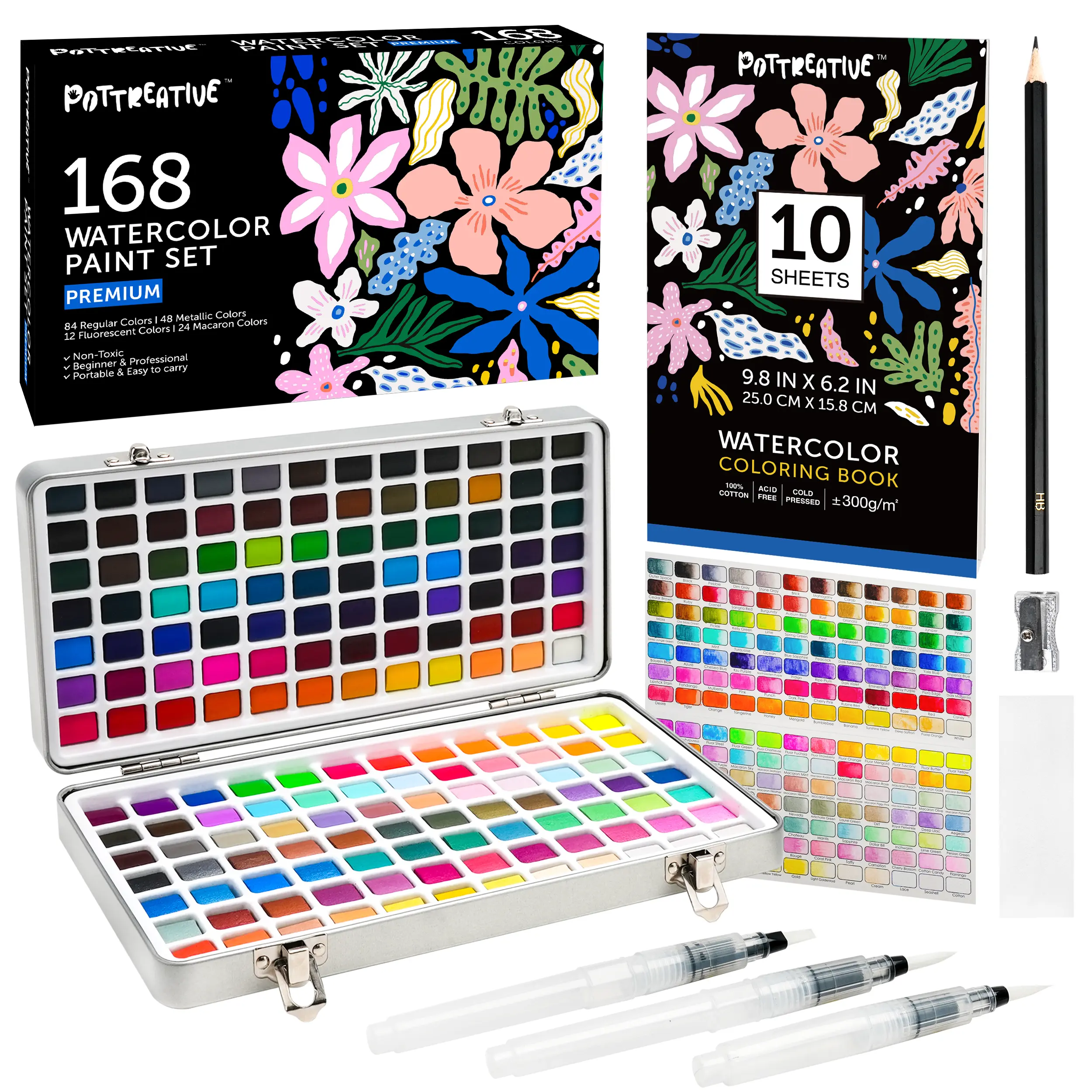 168 Solid Watercolor Paint Set with Brushes and Blank Coloring Book, Archival Art Supplies for Professionals - Christmas, Birthday, Artist Present